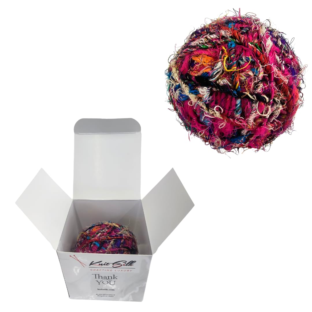 KNITSILK Recycled Sari Silk Yarn – 1 x 100g Multicolour Unique Bulky Yarn Ball, 80+ Yards | Eco-Friendly Handmade Fiber for Knitting, Crochet, Weaving, Crafts, and DIY Projects. Knitsilk