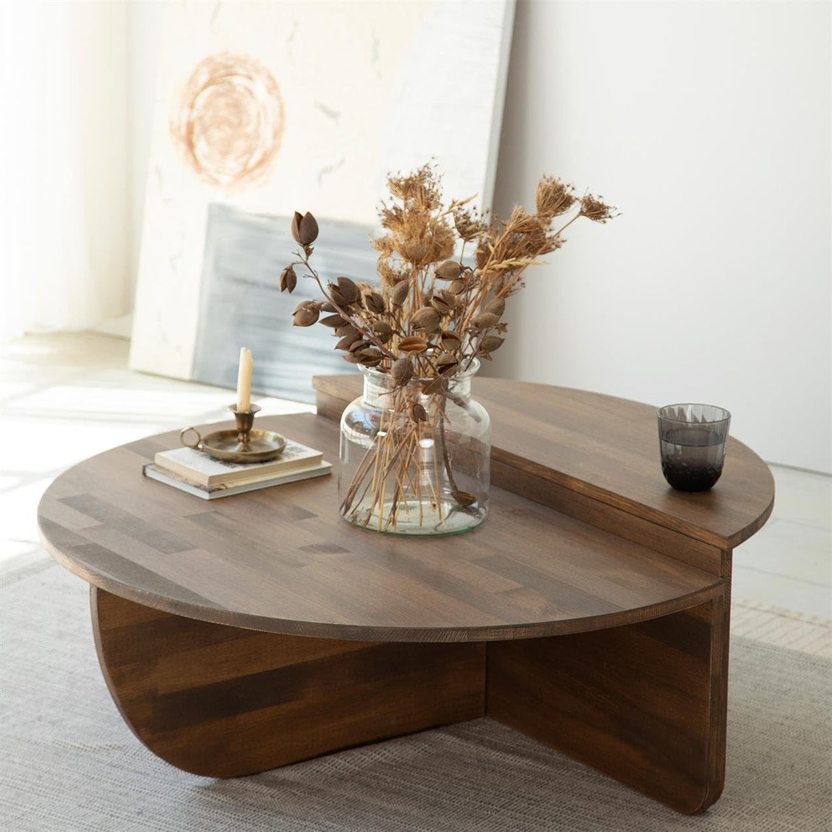 FAWdecor Modern Solid Wood Coffee Table, Round Wood Center Table, Unique Nesting Coffee Tables, Mid Century Aesthetic Low Coffee Table (Walnut) FAWdecor