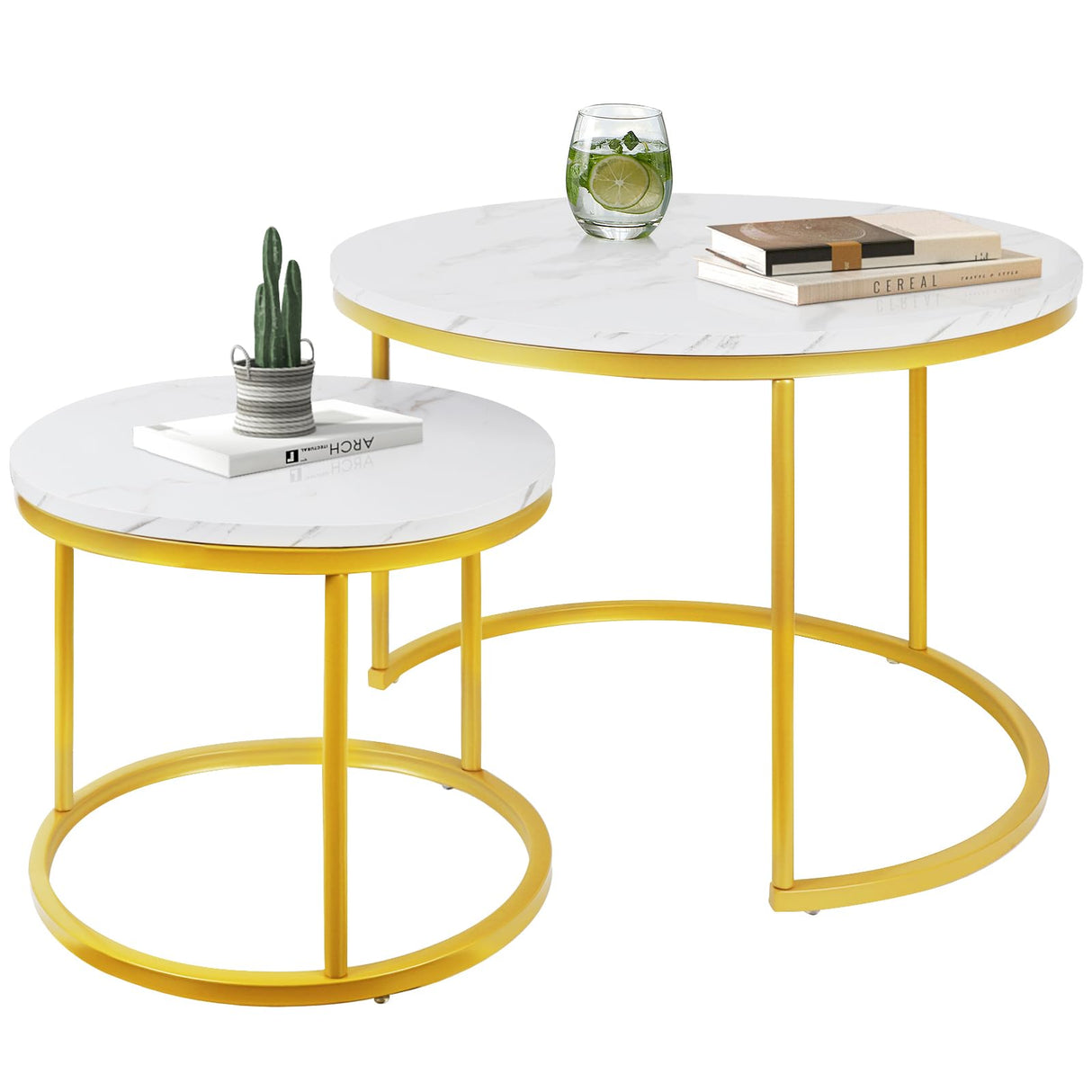 Round Nesting Coffee Tables Set: White Gold Marble Nesting Coffee Table Set of 2 - Modern Metal Stacking Side Table for Living Room Small Spaces Paradmas