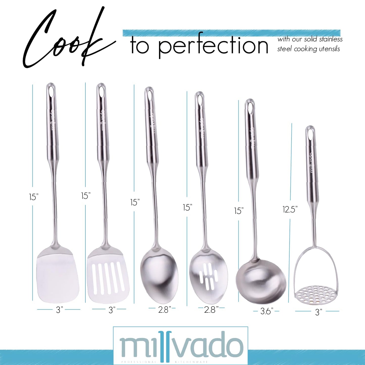 Millvado Stainless Steel Kitchen Utensil Set, Cooking Utensils, Set of 6 Kitchen Tools, Solid Spoon, Slotted Spoon, Solid Turner, Slotted Turner, Soup Ladle, Potato Masher, Dishwasher Safe