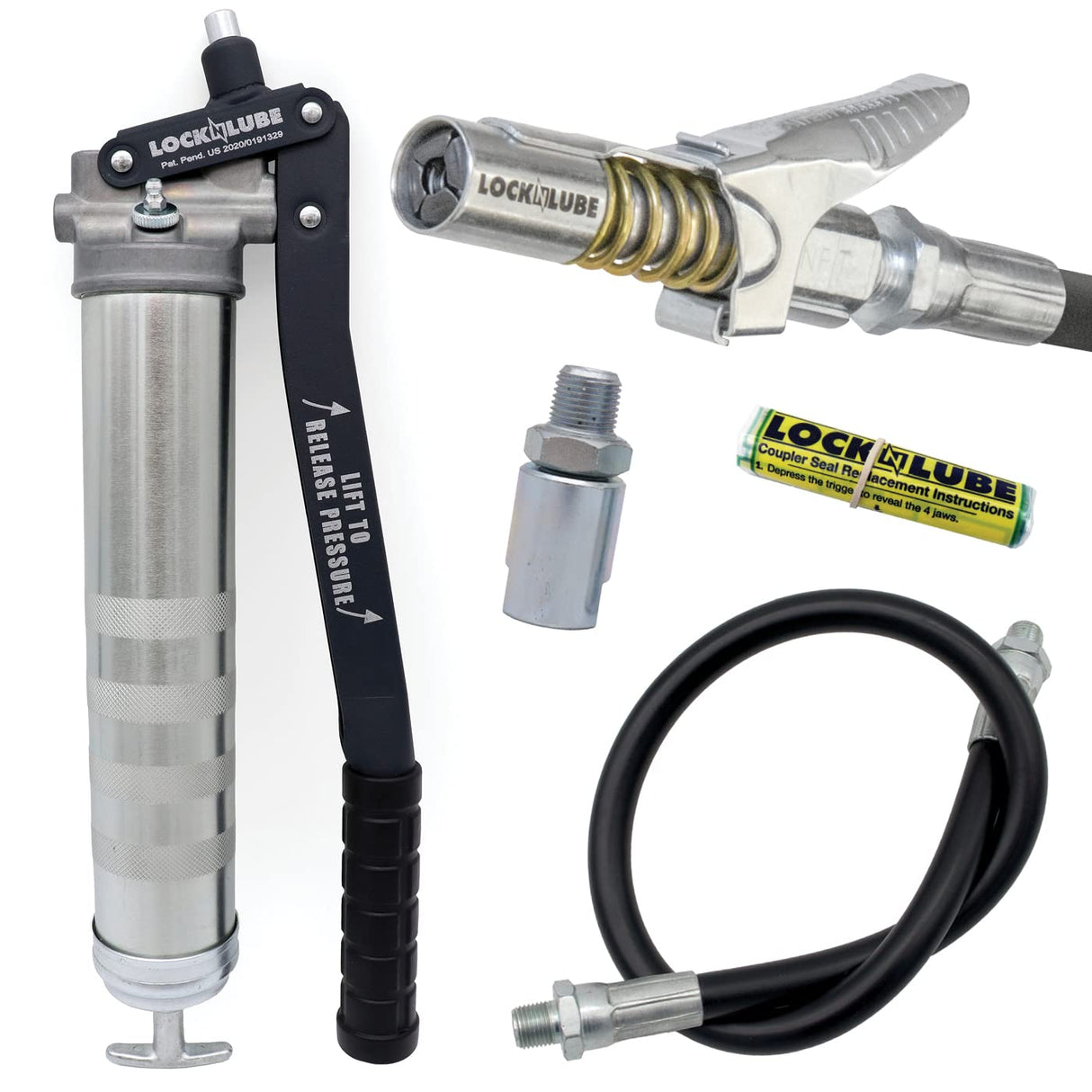LockNLube Professional Series Lever Grease Gun. Includes Our Patented Grease Coupler (Locks on, Stays on, Won't Leak!) Plus a 20" Hose and in-line Hose Swivel. LockNLube