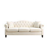 79" Chesterfield Sofa Couch for 3, Velvet 3 Seater Tufted Couch Chesterfield 3 Person Sofa with Two Pillows, Nailhead & Rolled Arms and Curved Backrest for Living Room (Beige) Bellemave