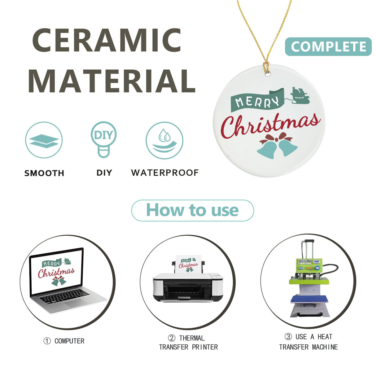 50 PCS Sublimation Ceramic Ornament Bulk Round Blank Ornament with Gold String for Crafting DIY Personalized Christmas Home Decor, White 2.8 Inch YOUKE OLA