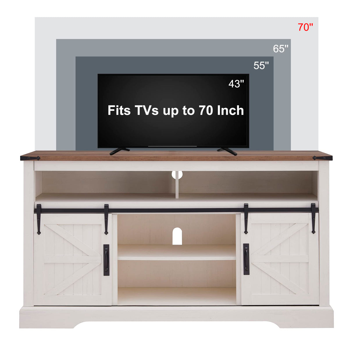 OKD Farmhouse TV Stand for 65+ Inch TV, 33" Tall Highboy Entertainment Center w/Sliding Barn Door, Rustic Media Console w/Storage Shelves, Wood Television Stand for Living Room, Antique White OKD