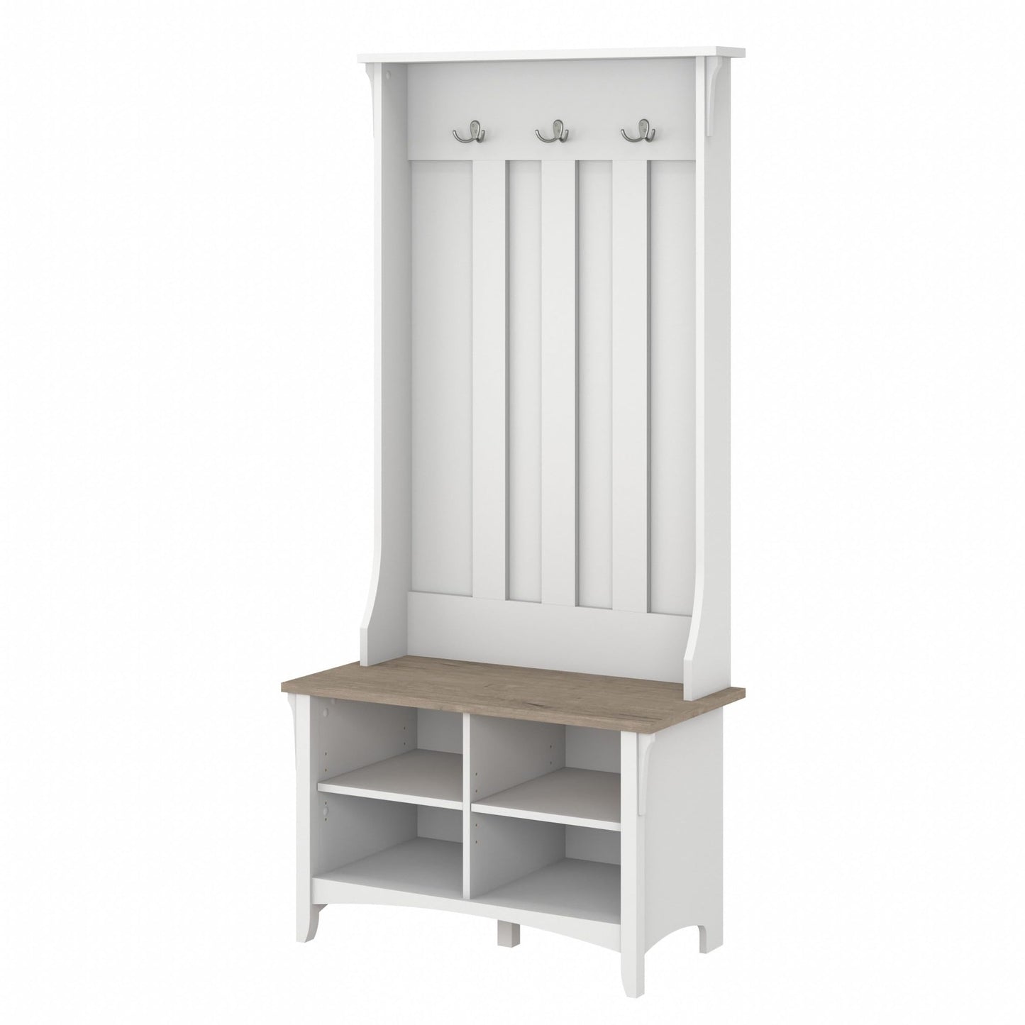 Bush Furniture Salinas Hall Tree Entryway Small Bench with Adjustable Shelves | Coat Rack with 3 Hanging Hooks and Shoe Storage, Pure White and Shiplap Gray - WoodArtSupply