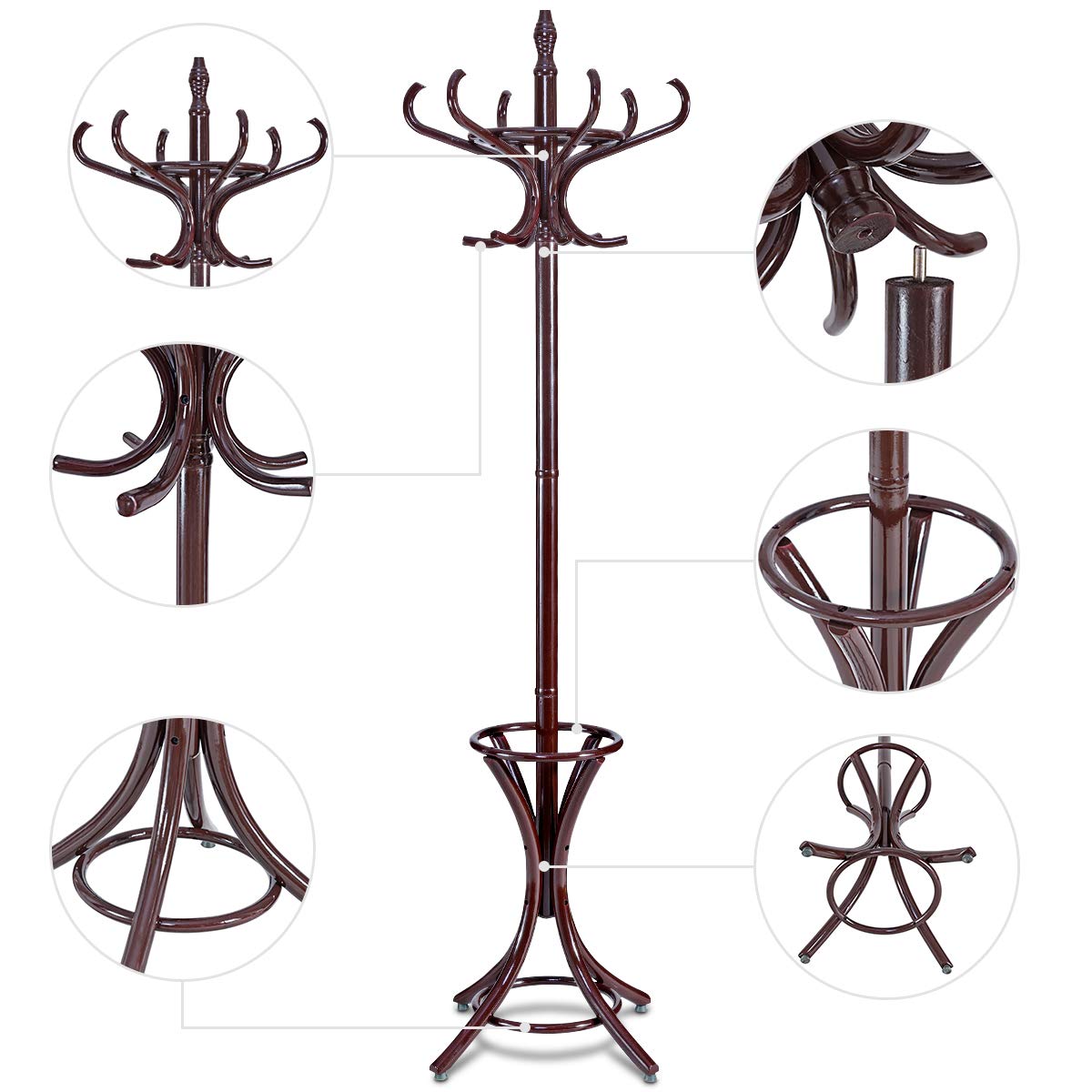 GOFLAME 73" Coat Rack Freestanding, Wooden Coat Tree with 12 Hooks and Umbrella Stand, Entryway Hall Tree, Hat Hanger Organizer, Coat Rack Stand for Coats, Hats, Scarves, Bags, Easy Assembly, Brown GOFLAME