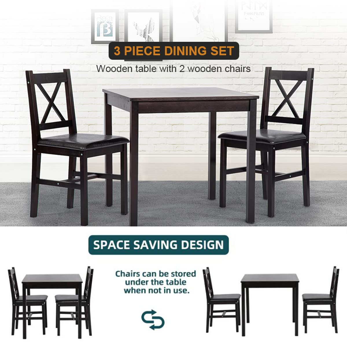 3-Piece Wood Dining Table Set for Small Space Breakfast Table Set Wooden Kitchen Table Square Table with 2 Chairs Farmhouse Dining Room Table Set, Dinette Set for 2-Person, Dark Brown - WoodArtSupply