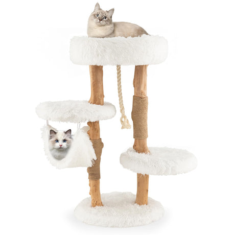 Tangkula Cat Tree Tower, Solid Wood Modern Cat Tower with Cozy Top Perch, 2 Platforms & 1 Hammock, Natural Branch Cute Cat Tree with Scratching Posts & Sisal Rope for Indoor Cats Tangkula