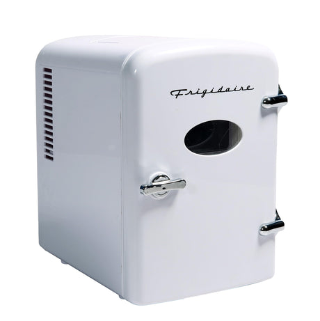 Frigidaire EFMIS129-WHITE White Mini Personal Fridge Cooler, 1 Gal Capacity fits Six Cans, Includes Plugs for Home Outlet & DC Charger-9.84" D x 7.09" W x 10.35" H, standard Frigidaire