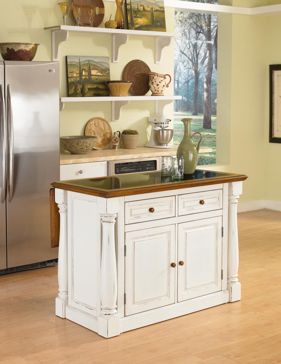 Home Styles Monarch White Kitchen Island with Distressed Oak Top, Black Granite Top Inset, Hardwood, Breakfast Bar, Two Drawers, Two Wood Panel Doors, and Adjustable Shelves homestyles