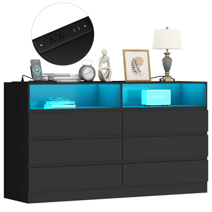 Gyfimoie 6 Drawers Dresser with Power Outlet, Black Chests of Drawers with LED Light, Modern Storage Dresser for Bedroom, Living Room - WoodArtSupply