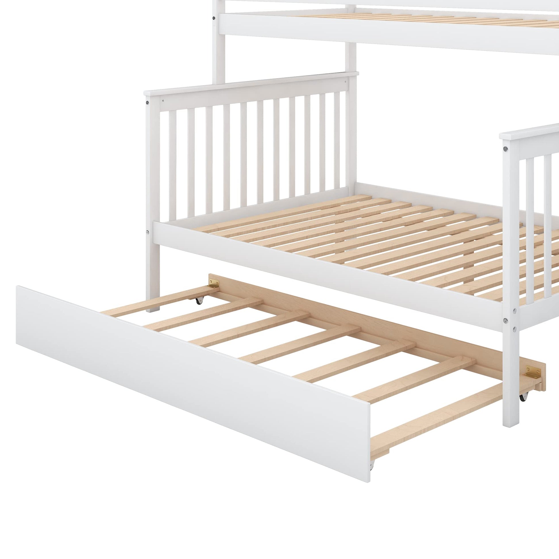 Merax Twin-Over-Full Bunk Bed with Trundle and Storage Staircase in White - WoodArtSupply