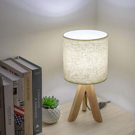HAITRAL Small Bedside Table Lamp - Wooden Tripod Nightstand Lamp for Bedroom, Living Room, Office, Home with Fabric Linen Shade - 13.4 Inches (Without Bulb) HAITRAL