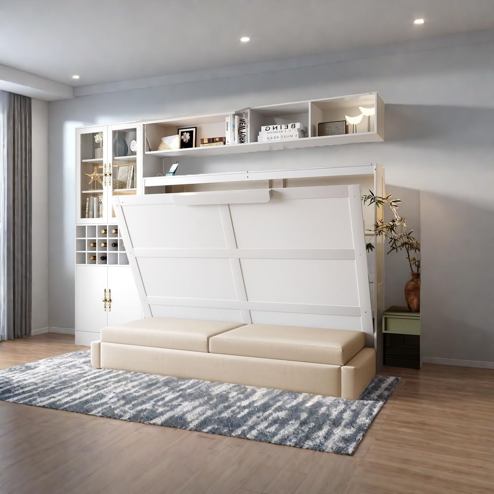 Full Size Murphy Bed with Sofa and Storage Shelves, Space Saving Foldable Bed Frame with USB & Light, Multi-Functional Wall Bed with Sofa for Living Room, No Box Spring Needed, White SOFTSEA