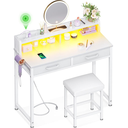 AODK Vanity Desk with Vanity Chair, Makeup Vanity with LED Lights, White Small Vanity Desk Without Mirror, 32 Inch Makeup Table for Small Space with 2 Fabric Drawers, Desk Make Up Vanity for Girls