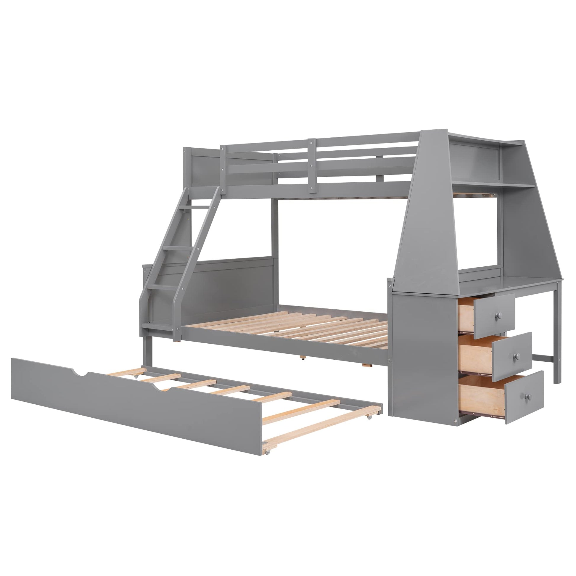 BOVZA Twin Over Full Grey Bunk Bed with Built-in Desk, Trundle, and Storage Solutions for Kids and Teens - WoodArtSupply