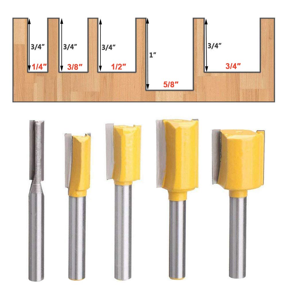 Bestgle Set of 5 Piece Straight Dado Router Bit Set ,Double Flute Straight Bit Carbide Wood Milling Cutter Woodworking Tools, Cutting Diameter 1/4",3/8",1/2",5/8",3/4"(Yellow, 1/4-Inch Shank ) Bestgle