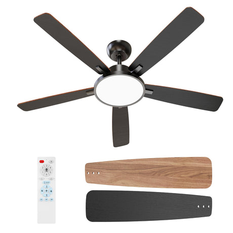 TALOYA 52 Inch Black Ceiling Fans with Lights Led Remote Control Flush Mount Low Profile for Bedroom Living Dining Room Outdoor Farmhouse Patio,Reversible,DC Motor,Diammable,Buzzer ON/Off,5 Blades TALOYA