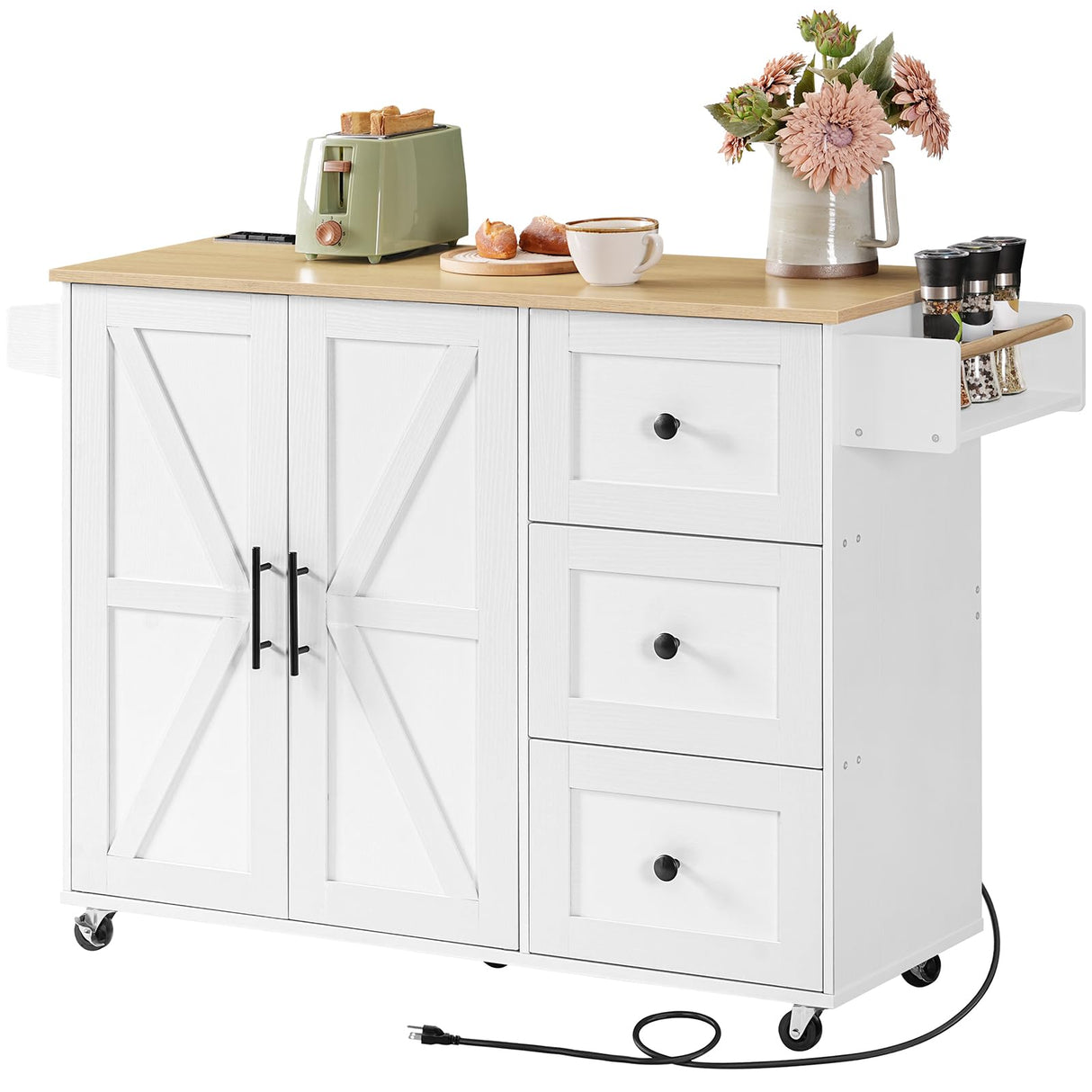 HOOBRO Kitchen Island with Power Outlet, Kitchen Island on Wheels, Rolling Kitchen Island Cart with 3 Drawers, Storage Cabinet and Adjustable Shelf, for Home and Kitchen, White and Natural WN15UZD01 HOOBRO