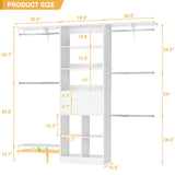 Small Closet System - 5FT Closet Organizer System with Wooden Drawers, 60 Inches Walk In Closet System With 5 Hanging Rods, Can Fit 1.58 to 6.8 FT with Reversible Hanging Shelving, White Besiost