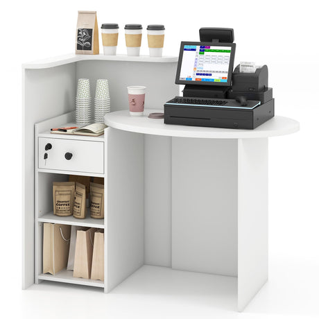 Giantex Reception Desk, Front Counter Desk with Lockable Drawer, Checkout Table with Round Tabletop, Corner Shelf & Adjustable Shelf for Office Beauty Salon Retail Store (White) Giantex