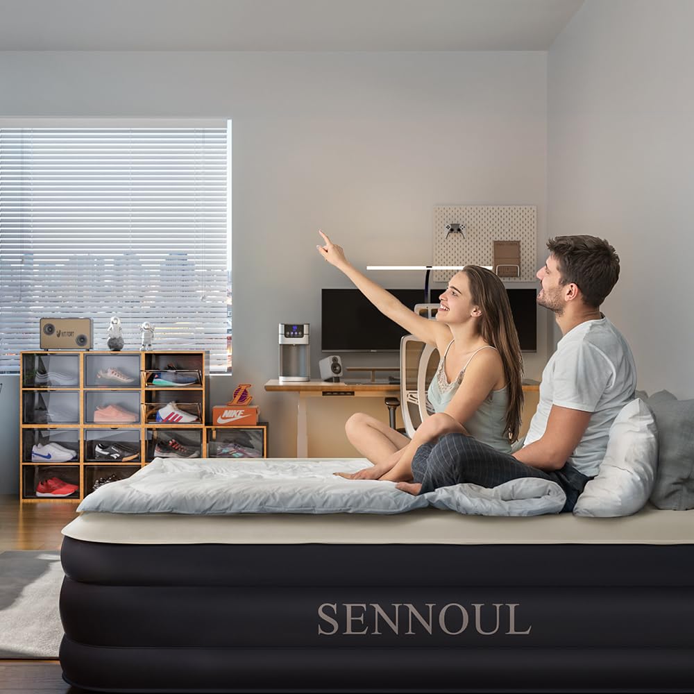 SENNOUL Air Mattress Queen with Built in Pump - 2 Mins Quick Self Inflatable,16"/650lbs Max Blow Up Bed, All Night Stability No Lost Air，No Peculiar Smell for Camping,Home,Guests & Portable Travel SENNOUL