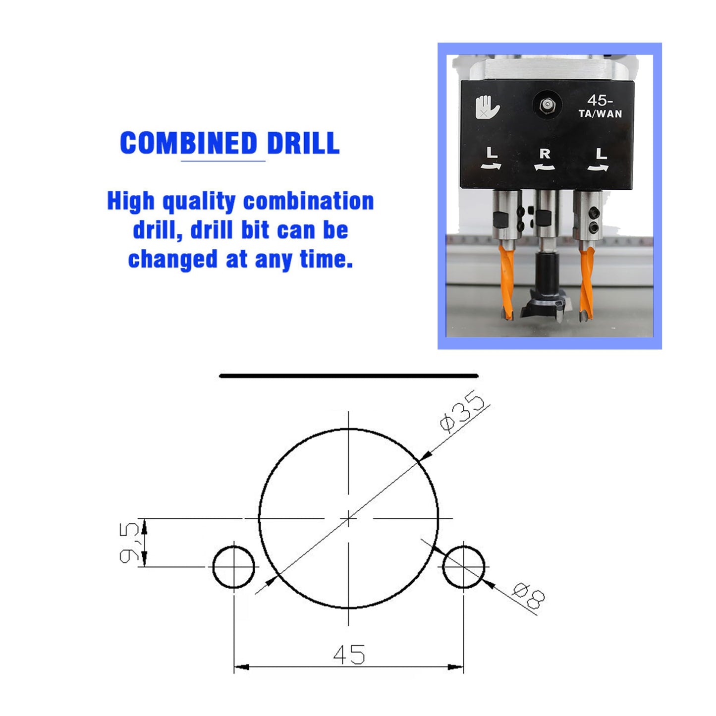 BREVELTION 110V Pneumatic Hinge Boring Insertion Machine Single Head Hinge Drill for Drilling Processing of Cabinets Wardrobes 45-9.5 Combined Drill 1.5KW - WoodArtSupply