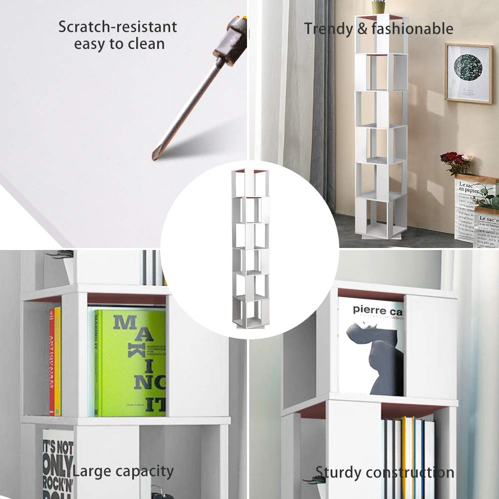 NICEME 190cm 360° Rotating Tall Corner Bookcase with 6 Tiers – Freestanding White Display Shelf for Living Room NICEME