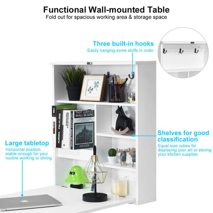 Tangkula Folding Floating Desk with Chalkboard, Wall Mounted Space Saving Fold Up Convertible Table with Storage Shelves & Hooks (White) - WoodArtSupply