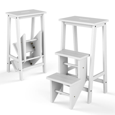 Giantex 3 Tier Folding Step Ladder, Multifunction 3-in-1 Wood Step Stool, Display Ladder and Storage Shelf for Library, Home Kitchen, Household Work, White Giantex