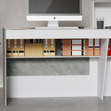 FAMAPY Reception Desk with Shelves, Modern Reception Table with Storage, Front Counter Checkout Table Retail Counter for Lobby Shop, White and Grey, 23.6”D x 86.6”W x 43.3”H FAMAPY