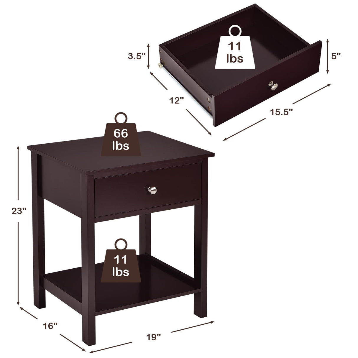 Giantex Nightstand, Wood End Table with Drawer and Open Shelf, Night Stand for Small Spaces, 2-Tier Bedside Table for Living Room Bedroom Dorm, Easy Assembly, Brown Giantex