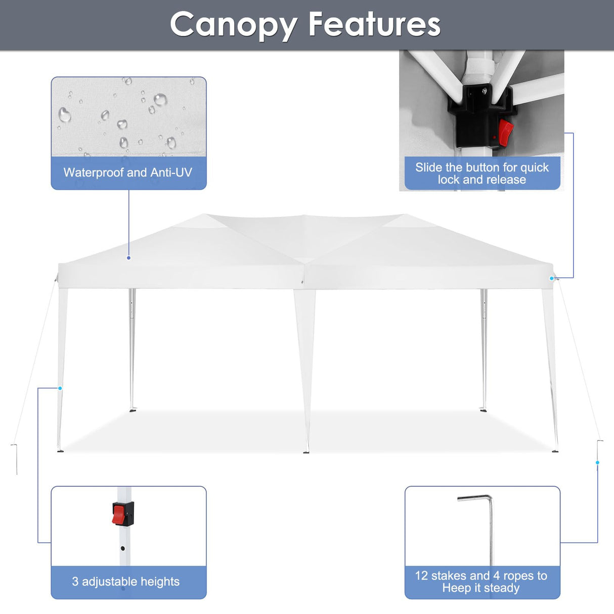 COBIZI Canopy 10x20 Pop Up Canopy Tent Party Tents for Parties Weddings Backyard Waterproof Canopy Outdoor Commercial Instant Canopy Event Tent with Stakes, Ropes,Sandbags, White COBIZI