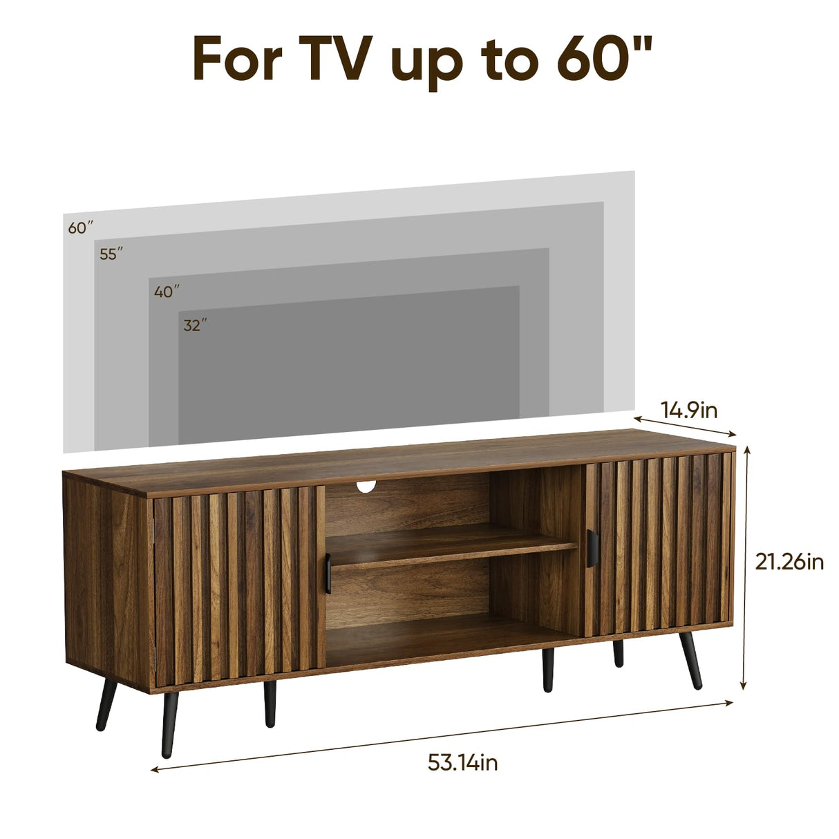 Smart FENDEE 53“ Walnut Fluted TV Stand with 2 Cabinets, Modern TV Consoles with Adjustable Shelf, Entertainment Center Fits 30" to 60" TV for Living Room, Bedroom Smart FENDEE