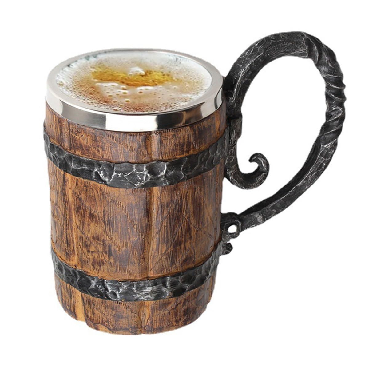 Vintage Handmade Wooden Beer Barrel Mug,Bar Restaurant Mug With Handle,Resin Bucket Mug for Men Coffee Beverage Cocktail,Stainless Steel Liner Beer Stein Tankard Beer Cup Unique Gift Mug - WoodArtSupply