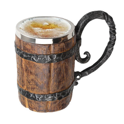 Vintage Handmade Wooden Beer Barrel Mug,Bar Restaurant Mug With Handle,Resin Bucket Mug for Men Coffee Beverage Cocktail,Stainless Steel Liner Beer Stein Tankard Beer Cup Unique Gift Mug - WoodArtSupply