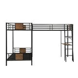Metal Triple Bunk Bed for Kids Twin Over Twin L-Shape Bunk Bed Attached a Loft Bed with Desk & Shelves 3 Bunked Beds for for Dorm, Boys Girls Teens Kids, Brown Bellemave
