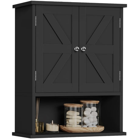 TEENFON Bathroom Wall Cabinet, Over The Toilet Space Saver Storage Cabinet with Barn Doors & Adjustable Shelf, Hanging Medicine Cabinet, Black TEENFON