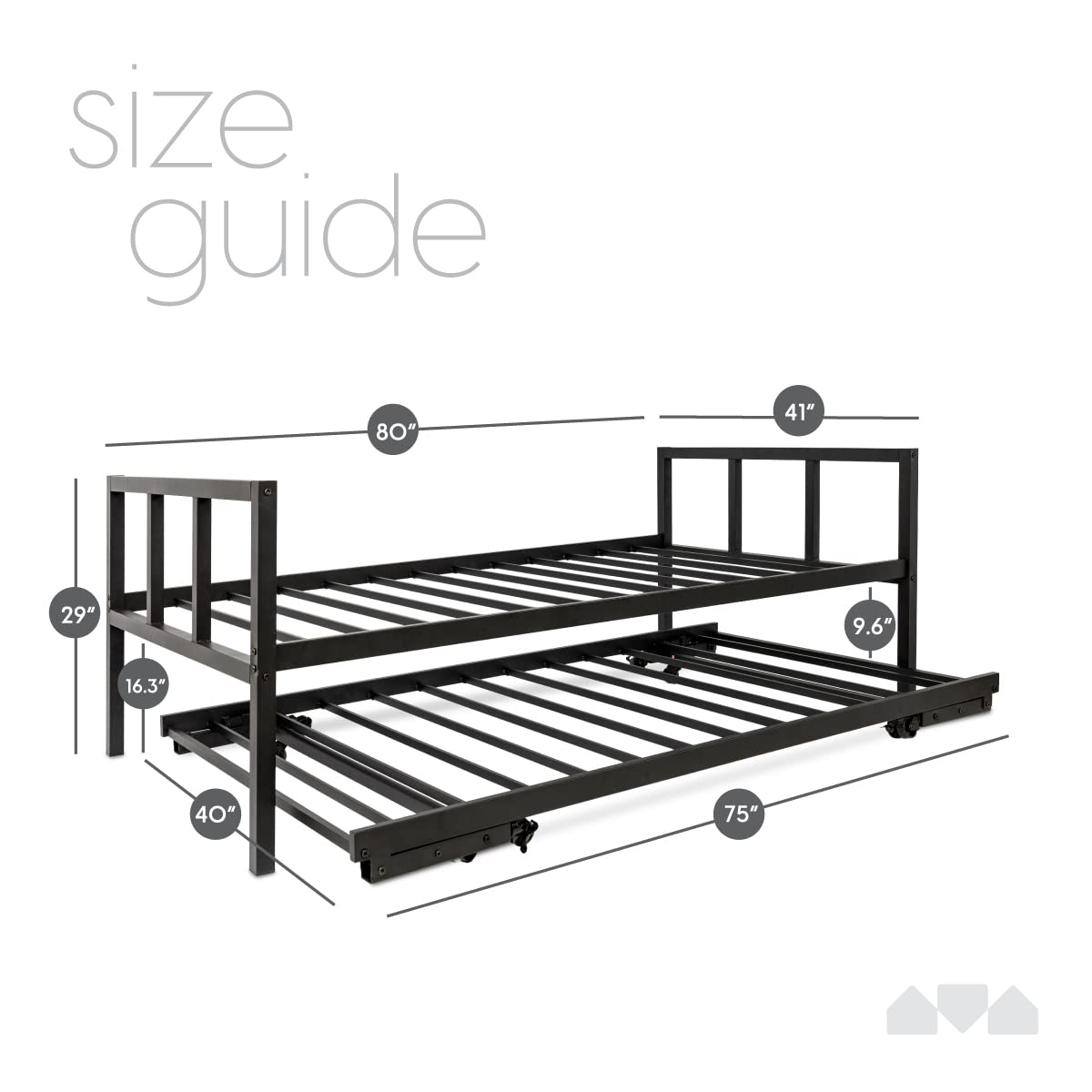 Milliard Twin Daybed and Fold- Up Trundle Set, Daybed with Pop Up Trundle, Black Frame - Mattresses Sold Separately Milliard
