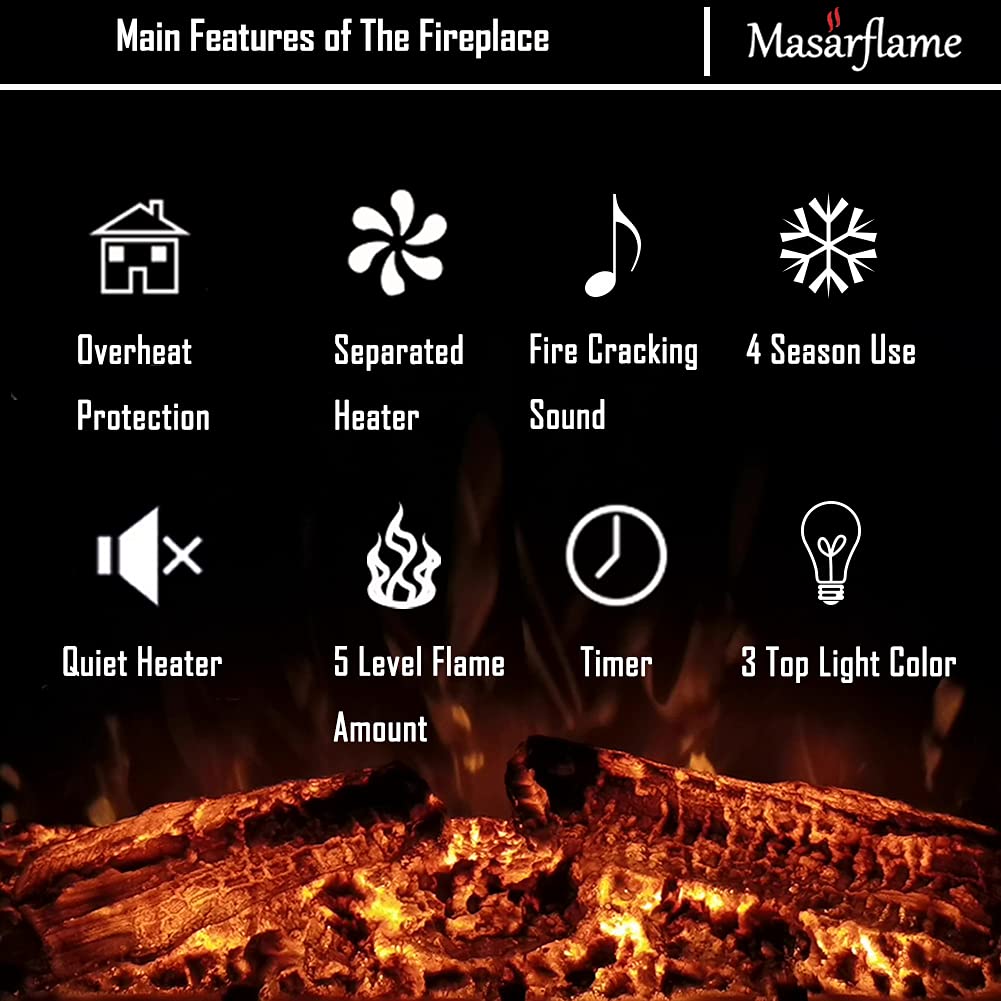 Masarflame 36'' Electric Fireplace Insert, Retro Recessed Fireplace Heater with Fire Cracking Sound, Remote Control & Timer, 750/1500W, Black Masarflame