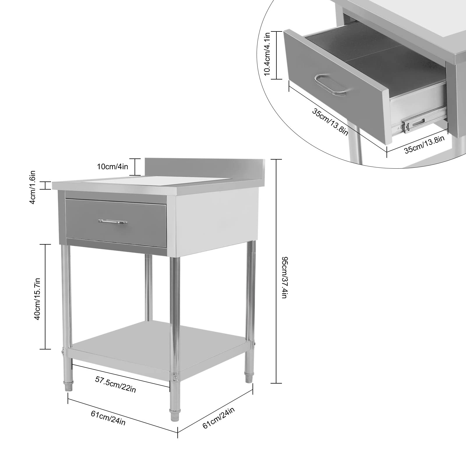 Stainless Steel Table for Prep & Work, 24''x24'' Commercial Heavy Duty Food Prep Worktable with Drawer, Undershelf and Backsplash for Kitchen, Restaurant, Hotel - 661.39Lbs Load Capacity - WoodArtSupply