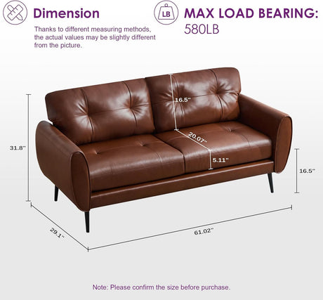 Sofa Couch 61" Small Loveseat Couches for Living Room Chestnut Brown Leather Couch Mid Century Modern Tufted Mini Sofa Comfy Office 2 Seat Settee Love Seat Small Couches for Small Spaces Bedroom TYBOATLE