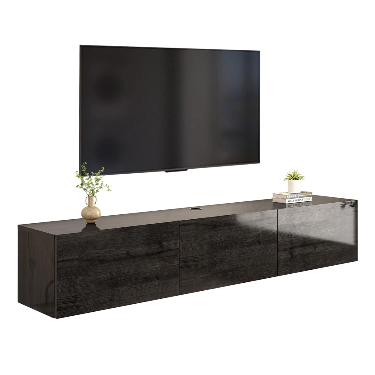 AMERLIFE 70" Floating TV Stand with LED Lights and Power Outlet, High Gloss Wooden Texture Wall Mounted Media Console Entertainment Center for TVs Up to 80", Black AMERLIFE