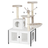 HOOBRO Cat Tree with Scratching Posts, Cat Tower Litter Box Enclosure Furniture for Indoor Cats, All-in-One Wooden Cat House Condo with Cat Hammock, Detachable Teaser Sticks, White BW14MZ03 HOOBRO