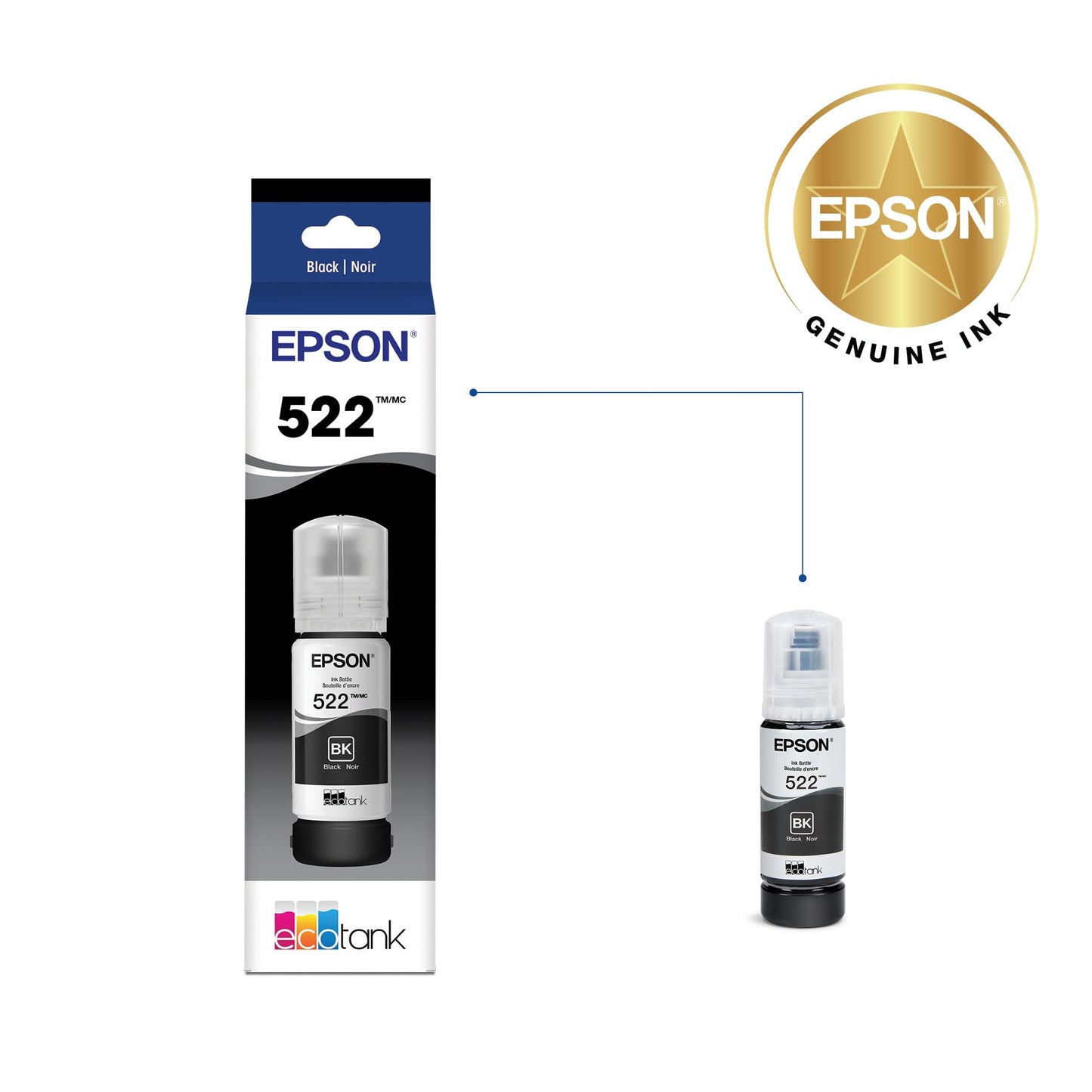 EPSON 522 EcoTank Ink Ultra-high Capacity Bottle Black (T522120-S) Works with EcoTank ET-2720, ET-2800, ET-2803, ET-2840, ET-4700, ET-4800, ET-4810