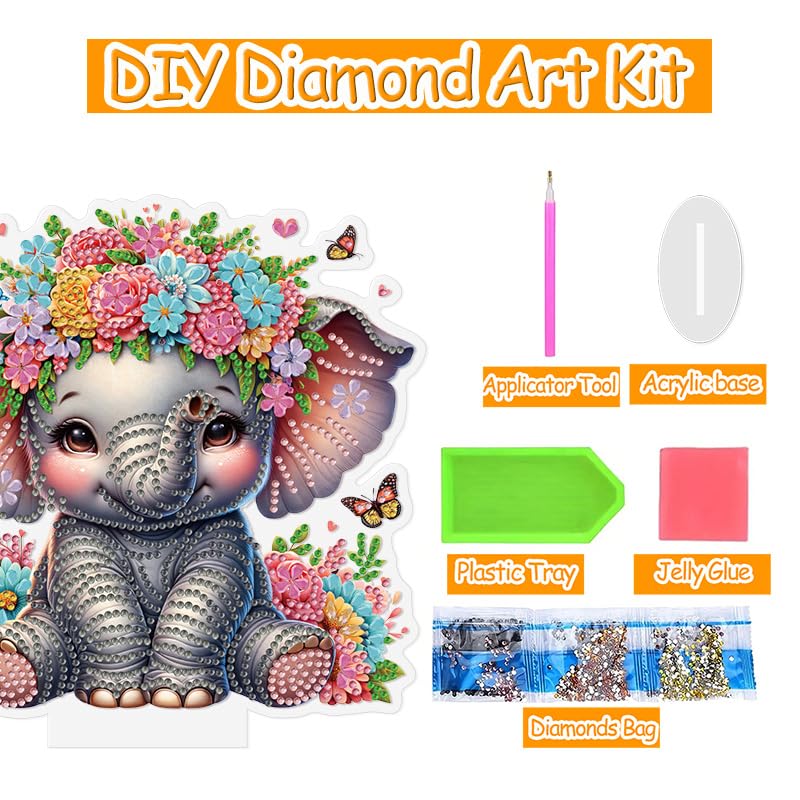 Elephant with Butterflies and Flowers Diamond Painting Desktop Ornament Kit, 5D DIY Acrylic Crystal Special Shaped Tabletop Diamond Art Home Decor for Adult (ZS15) Generic