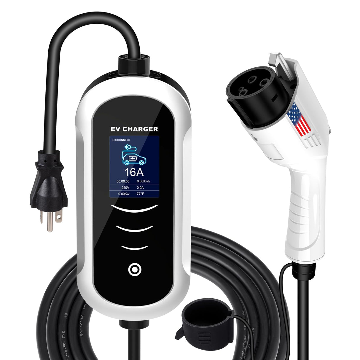 MACARLON Level 1 & 2 EV Charger, 16A 110V-240V 25ft Cable Portable J1772 Electric Car Charger American Flag Style with NEMA 6-20 & 5-15 Adapter for Home, Adjustable Current, Scheduled Charging, Silver MACARLON
