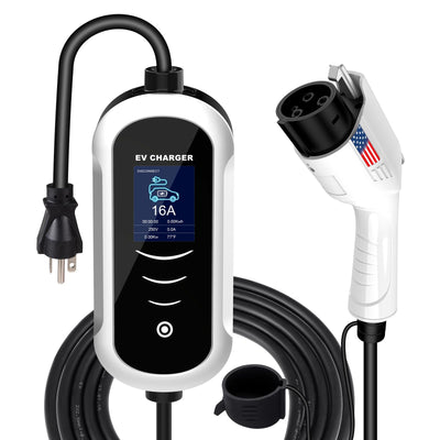 MACARLON Level 1 & 2 EV Charger, 16A 110V-240V 25ft Cable Portable J1772 Electric Car Charger American Flag Style with NEMA 6-20 & 5-15 Adapter for Home, Adjustable Current, Scheduled Charging, Silver