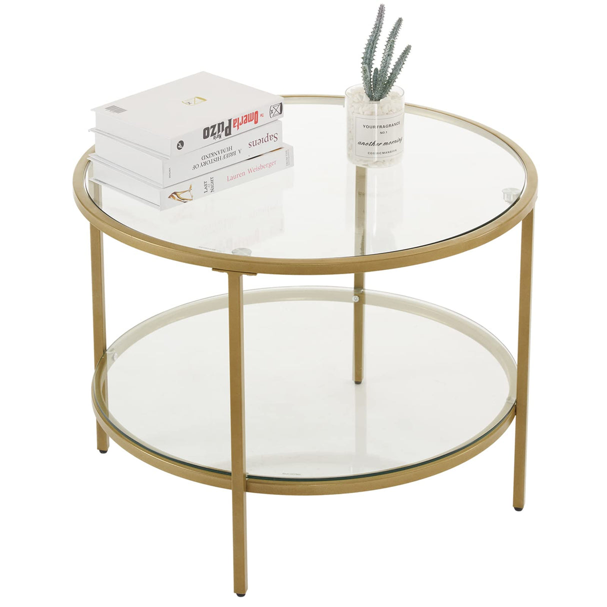 VINGLI Glass Coffee Table, 25.6" Round Champagne Gold Coffee Tables for Living Room, 2-Tier Glass Top Coffee Table with Storage Clear Coffee Table, Simple & Modern Center Table for Small Space VINGLI