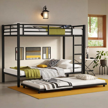 ASKVDL Twin Over Twin Metal Bunk Bed with Trundle,Convertible Twin Size Bunkbeds for Kids Teens Adults,Heavy Duty Metal Slats Bed Frame/Save Space,No Spring Box Required,Black ASKVDL